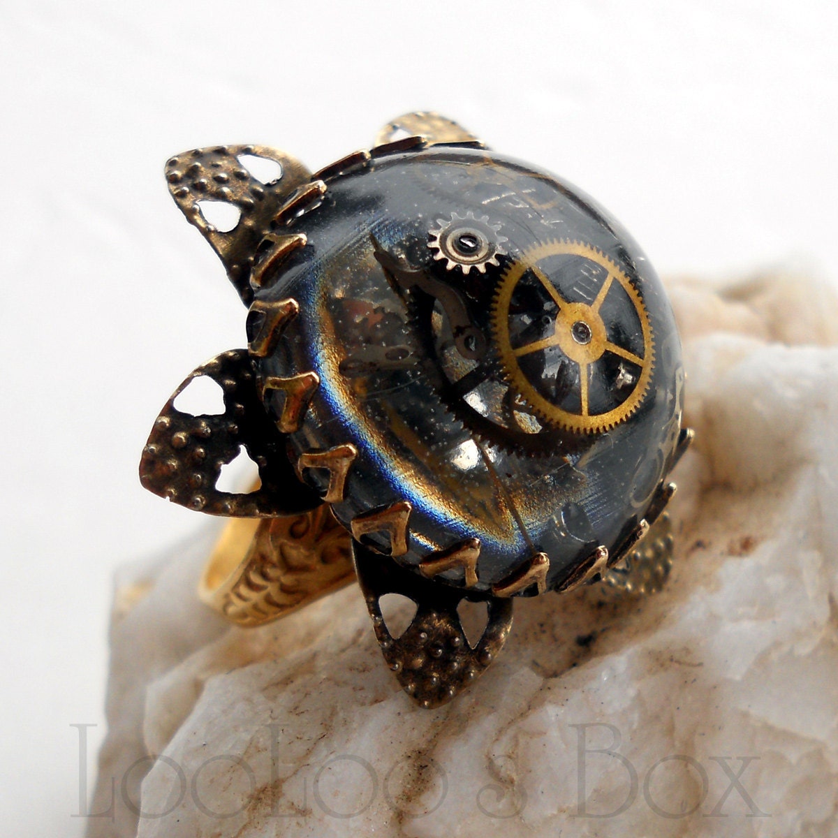 STEAMPUNK RING Flower Watch Gold Plated Brass Shank Ice Resin R0019 by LooLoo's Box Handcrafted Jewelry