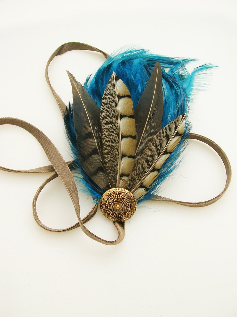 Sapphire blue feather fascinator - NEYTIRI design embellished with pheasant tail feathers - Choose headband, ribbon, hair clip, or comb