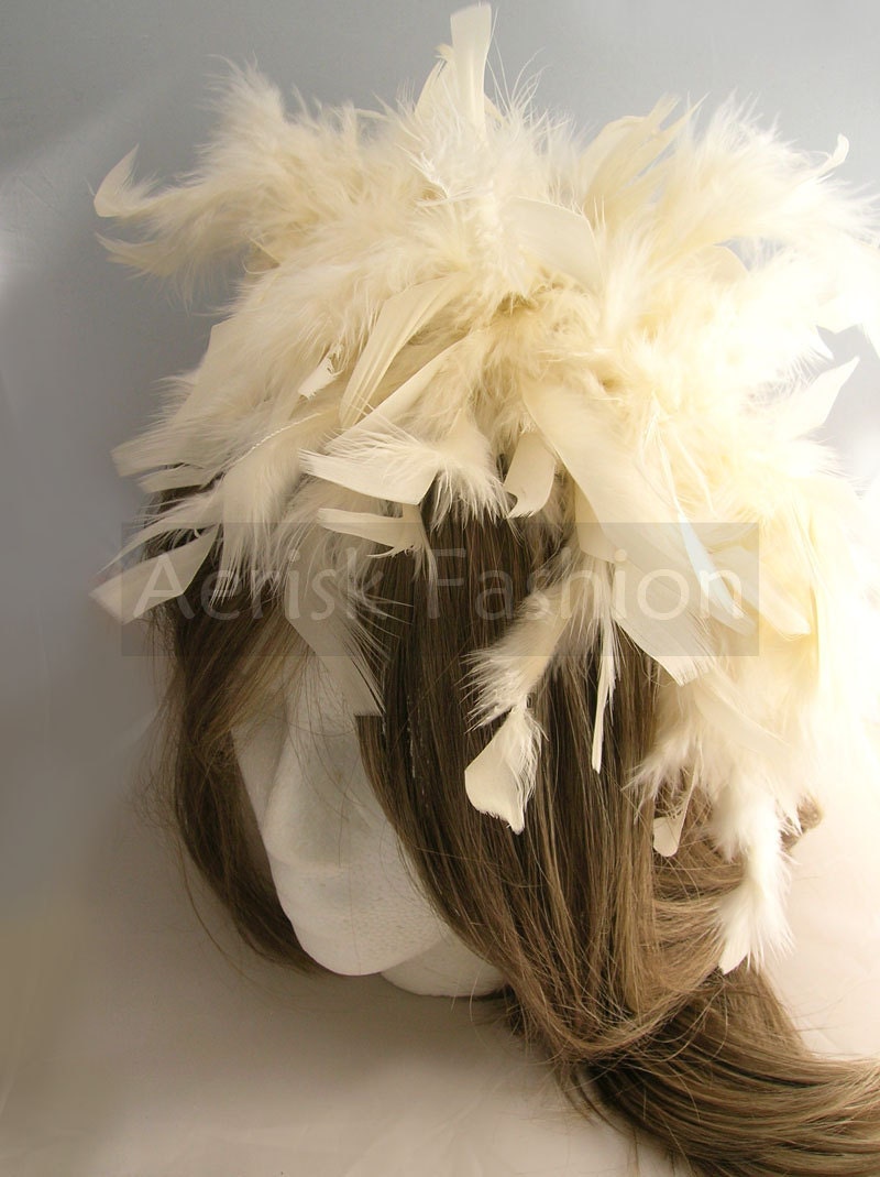 Bridal head piece headband - Dramatic Ivory feather pouf wedding fascinator  headband - MYRA design