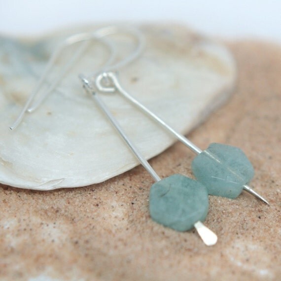 Hexagon Aquamarine Drop Earrings - Sterling Silver March Birthstone