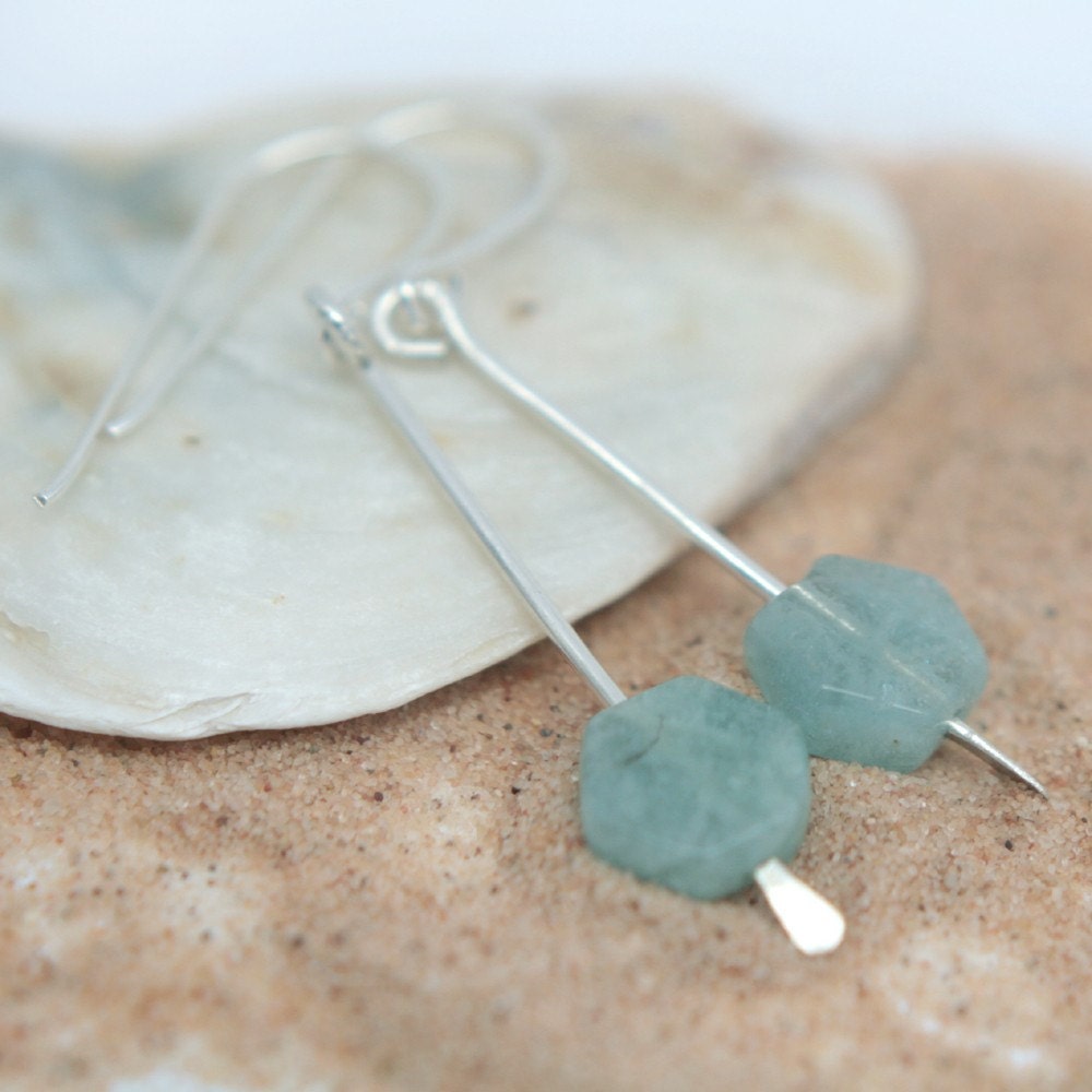 Hexagon Aquamarine Drop Earrings - Sterling Silver March Birthstone