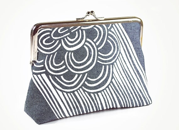 Denim kiss lock purse with mid-century styled screenprint pattern