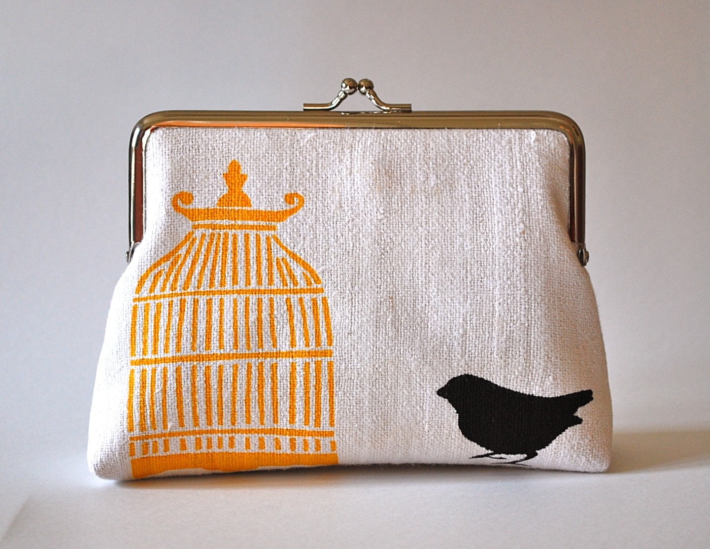 White hemp purse with bird and cage