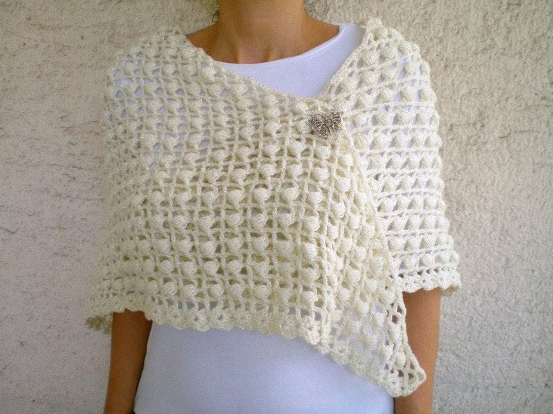 Crochet Ivory Wedding Shawl Cream Sparkling Shrug Bridal Bridesmaid  Shawl Made to order