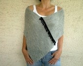 Gray Poncho with Pom Pom Fringe,Women Scarf, Cape Capelet