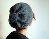 Slouchy Knit Hat with Pompom  Beret Hat in Gray Grey - bysweetmom