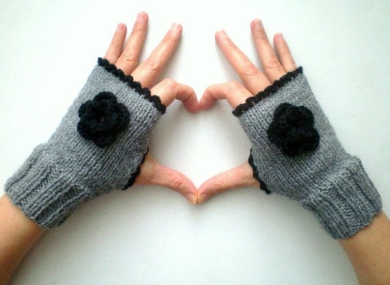 Gray Fingerless Gloves with Crochet Black Flowers,Winter Accessories