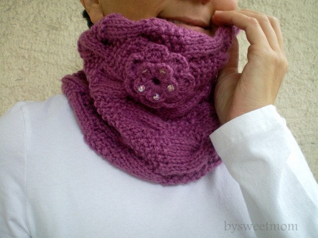 Purple Cowl with Beaded Flower, Chunky Neckwarmer