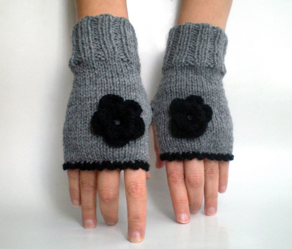 Gray Fingerless Gloves with Crochet Black Flowers,Winter Accessories