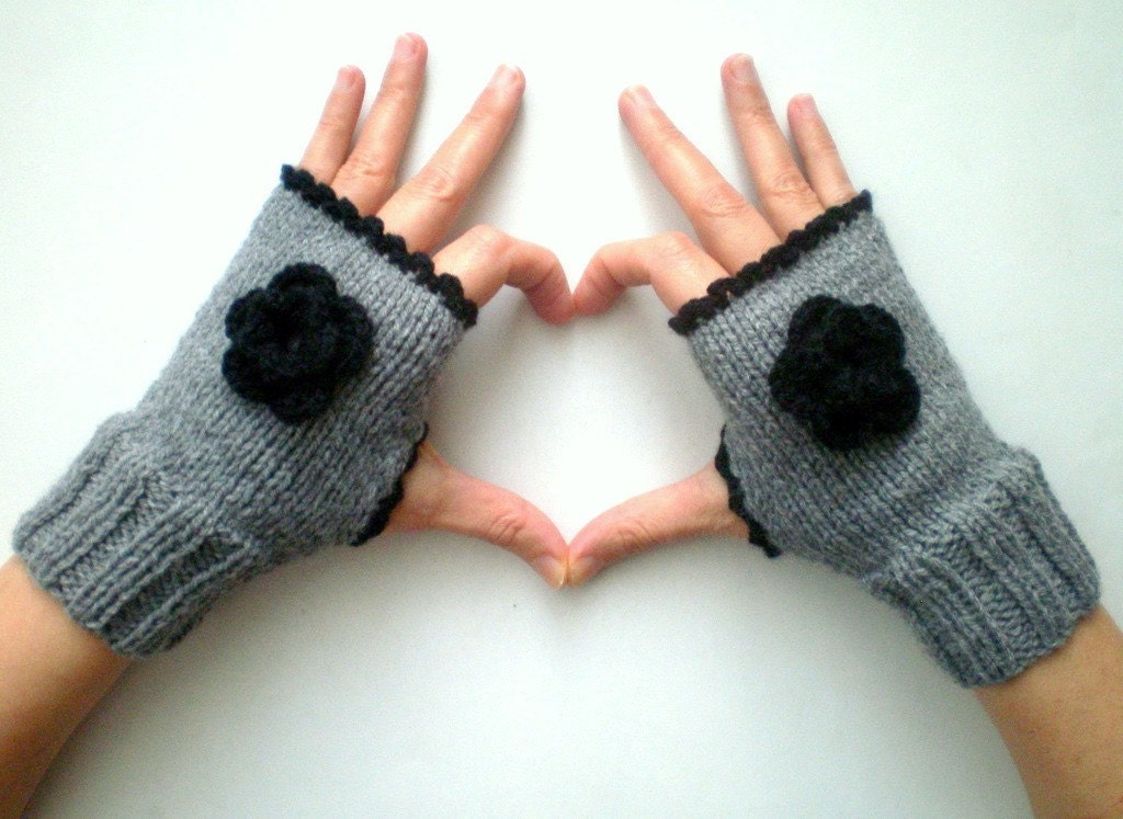 Gray Fingerless Gloves with Crochet Black Flowers,Winter Accessories