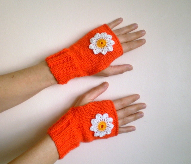 Orange Fingerless Mittens with Crochet Daisy Flowers