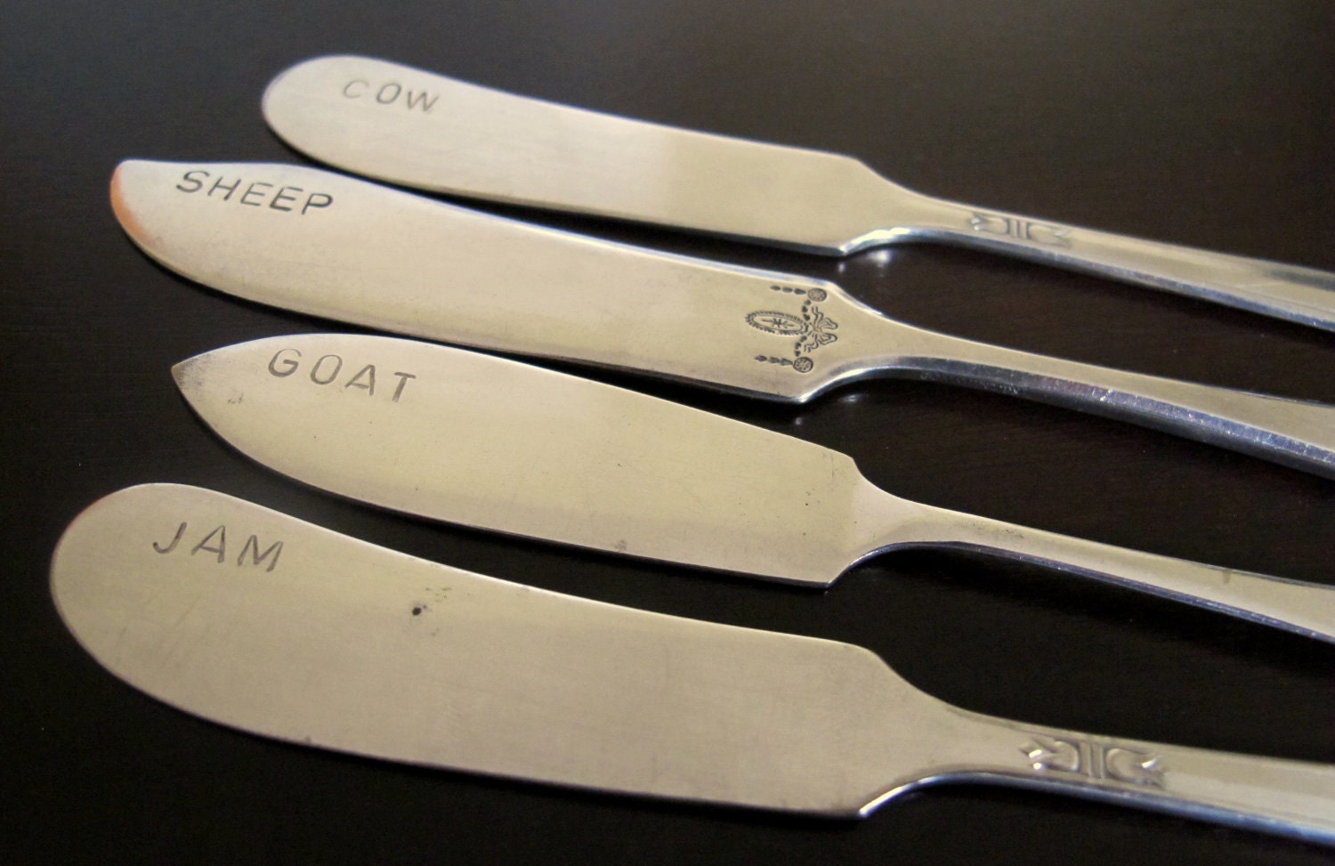 Reserved for Nancy - Two Sets of Upcycled Cheese Knives - Handstamped Vintage Silverware