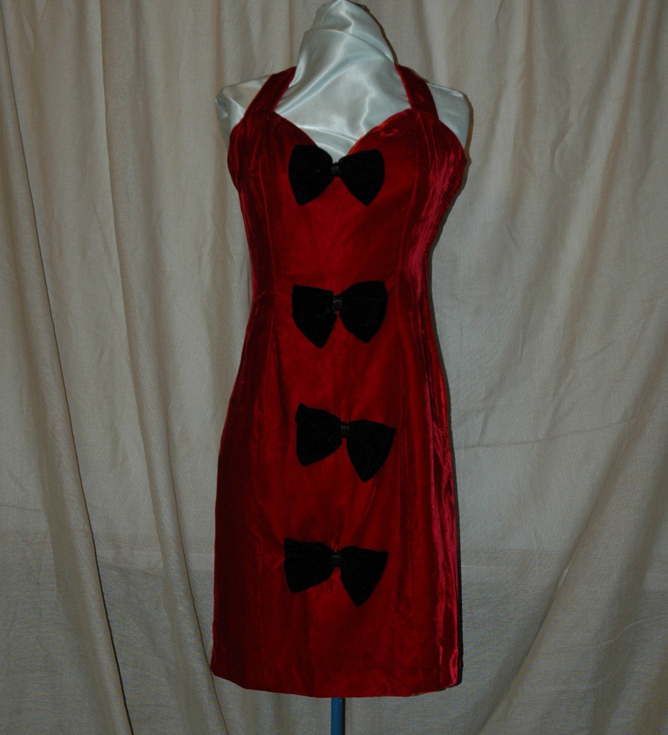SALE was  59.95.  Red Velvet Halter Formal Cocktail Dress, Black Velvet Bows.  A Designers Den handmade original.  FREE domestic shipping.