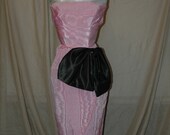 SALE 64.95.  Tulip Pink Strapless Moire Taffeta formal Dress, Black  Satin Bow.  A Designers Den handmade original.  FREE domestic shipping.