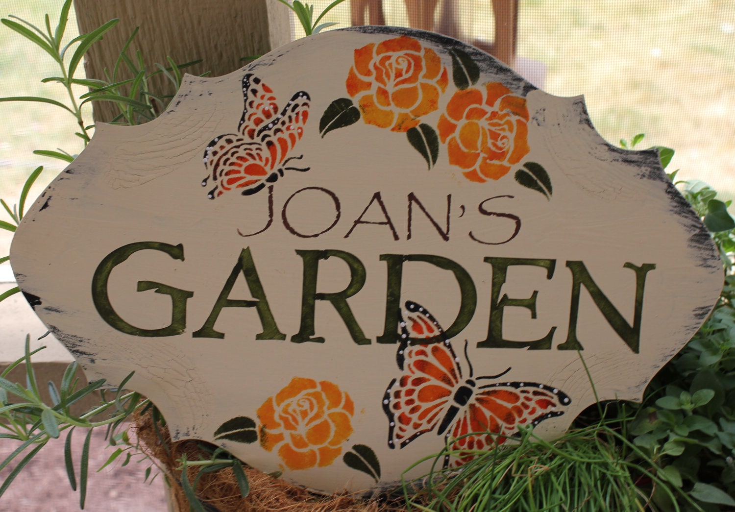 GARDEN Sign Personalized Decorative Bufferfly/Roses w/stake or ribbon/Gift/Garden Sign/Door Sign/Porch Sign/Burgandy/Shabby Chic/Cottage