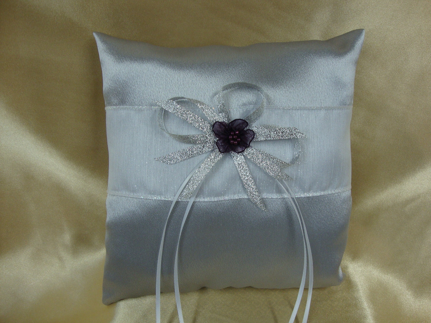 Silver and Eggplant Ring Bearer Pillow with Eggplant Color Flower Deco