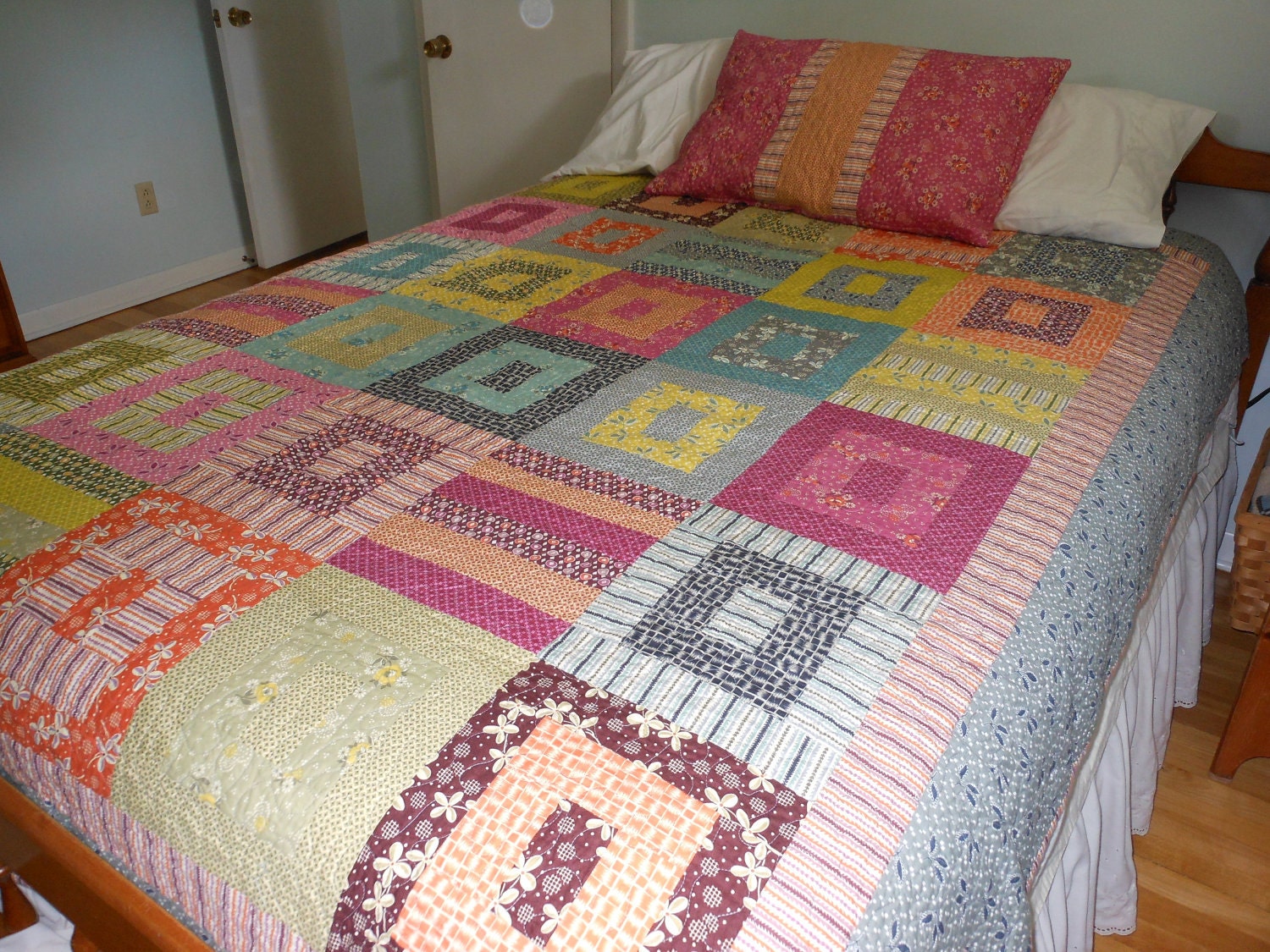 Twin Size Quilt and Pillow Sham in Hope Valley fabrics by Denyse Schmidt -- orange, pink, grey, blue, yellow, green