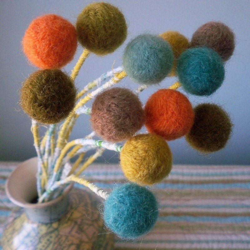 Wool pom pom flowers. Beach colors. Cottage chic. Taupe, pastel blue, turquoise. orange blooms. Mod flower. 12 Long stems.