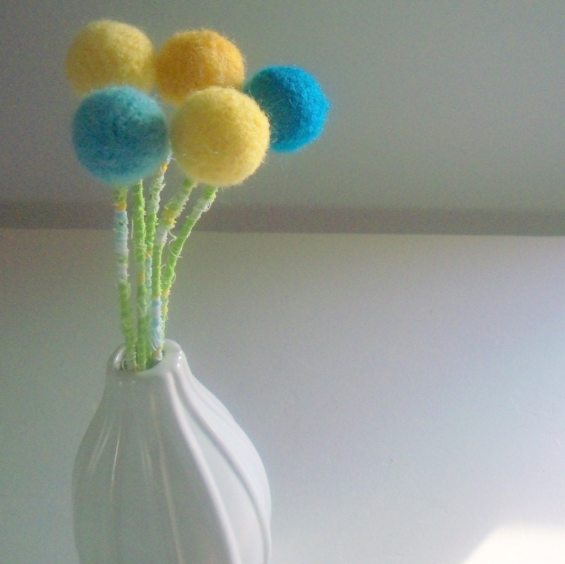 Pom pom flowers.Spring flower bouquet Turquoise and yellow blooms.Nursery decor.Table centerpiece.Shower decoration.Craspedia.