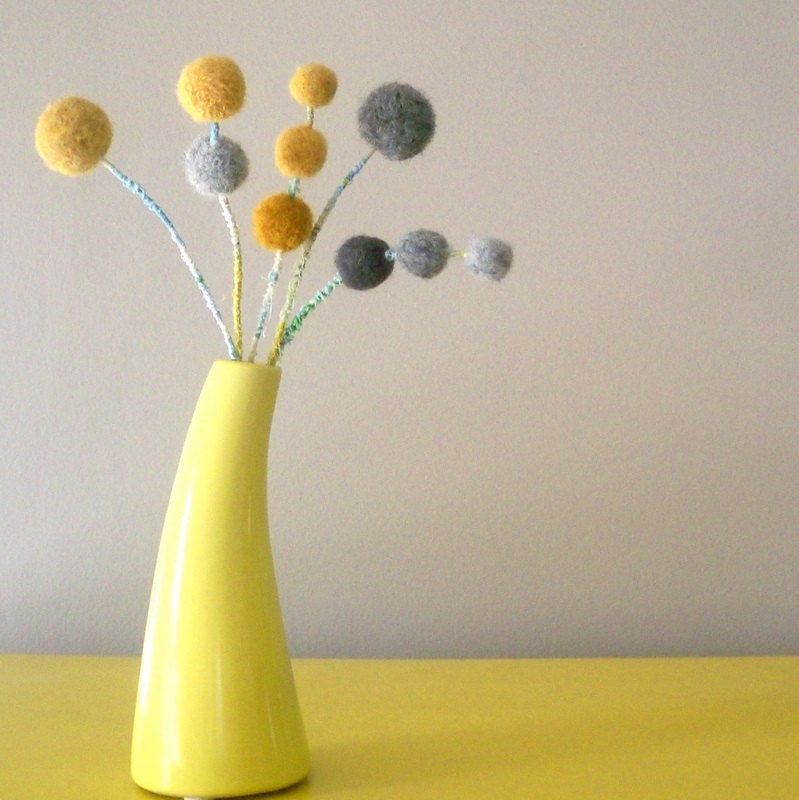 Mustard and grey felt flowers. Wool craspedia. Pom poms. Gray felt balls. Modern floral spray. Boho chic. - berryisland