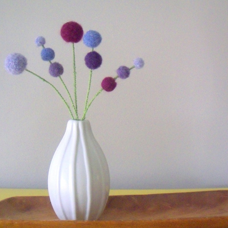 Purple pom pom flowers. Felt flower bouquet. Lavender spray. Wool felt ball flowers  Lilacs. Spring blooms. Plum purple.