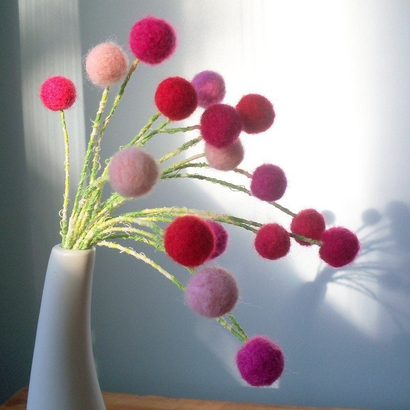 Eighteen shades o' pink droopy faux amaranth craspedia felted flowers