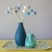 Blue pom pom flowers. Grey, white, sky blue bouquet. Wool felt ball flowers. Minimalist home decor . Bluebells, thistles. Gray blooms.