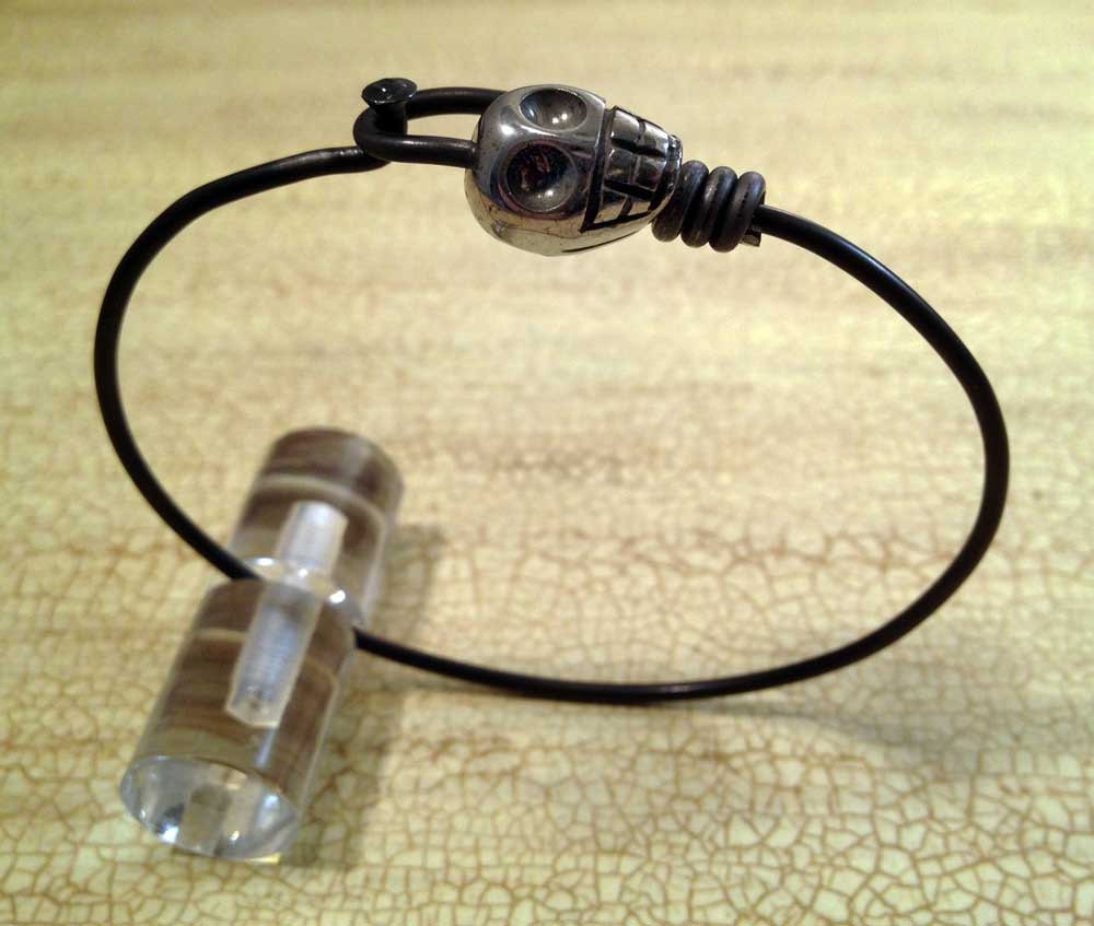 Bicycle Spoke Bracelet - Pyrite Skull on a Bike Spoke Bracelet