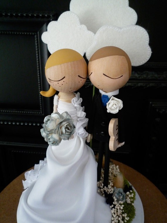 Wedding Cake Topper with Custom Wedding Dress and Cloud Background - Custom Keepsake by MilkTea