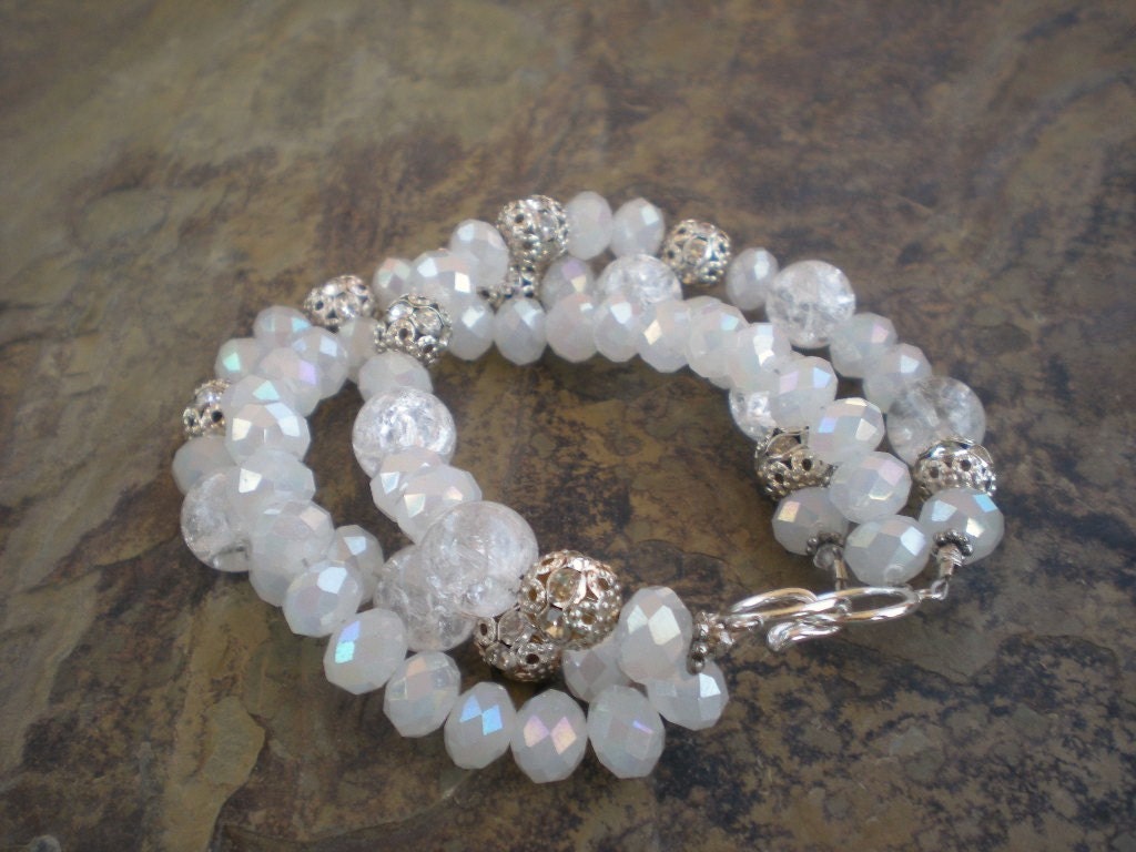 Triple Strand Crackled Quartz Beadwork Bracelet