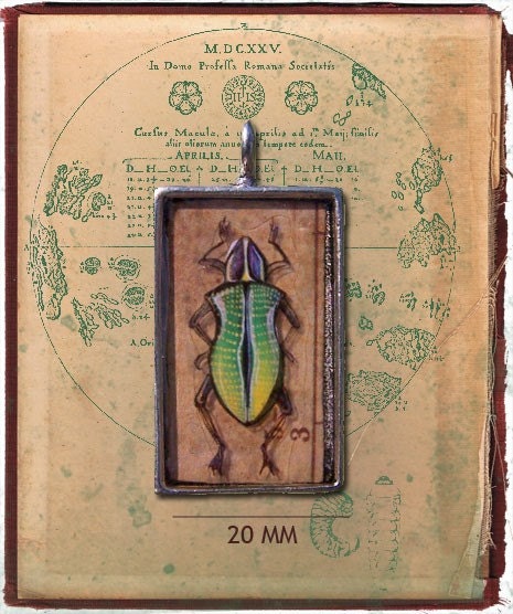 Illustrated Green Beetle Resin Pendant
