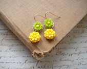 Dangle Flower Earrings Yellow Green Flower Cabochon Earrings Gold Plated Earrings Sunflower Jewelry
