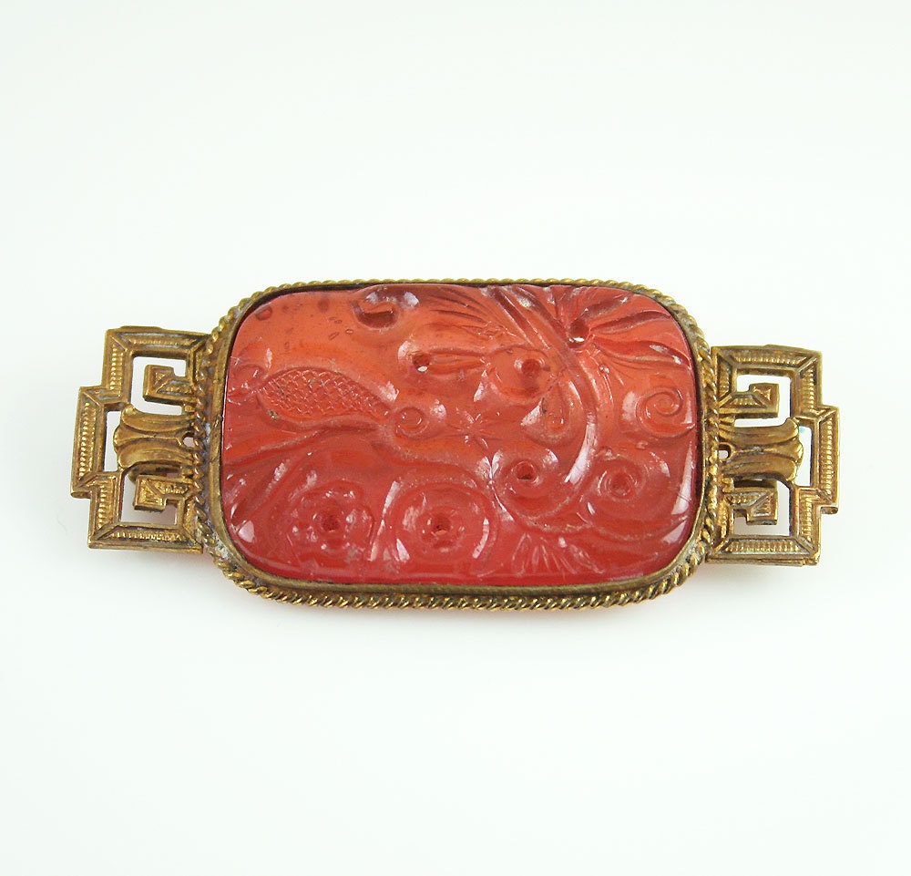 Art Deco Czech Carved Carnelian Glass Asian Motif Brooch