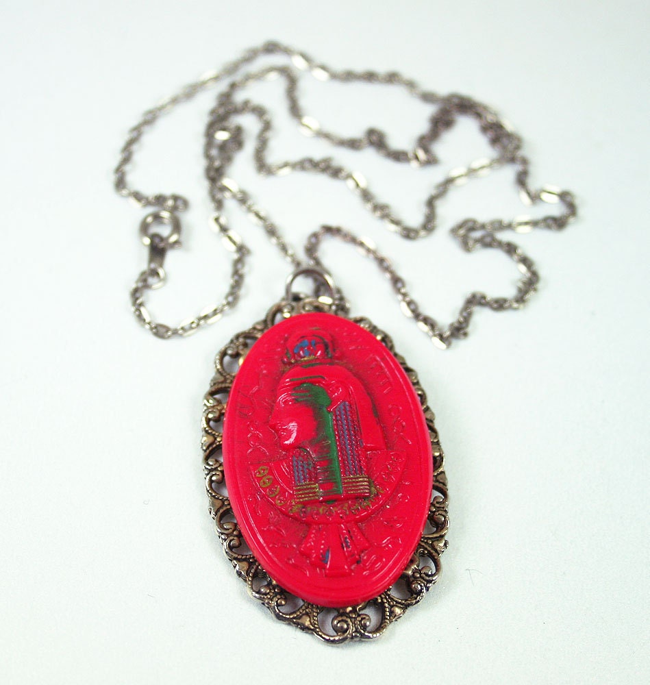 Vintage Necklace Egyptian Revival Pharaoh Red Glass Pendant Antique Jewelry