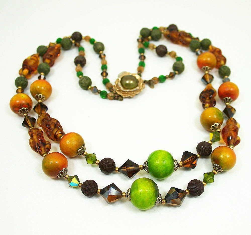 Vintage Necklace Judy Lee Tortoise Shell Glass Wood Crystal 1960s Jewelry