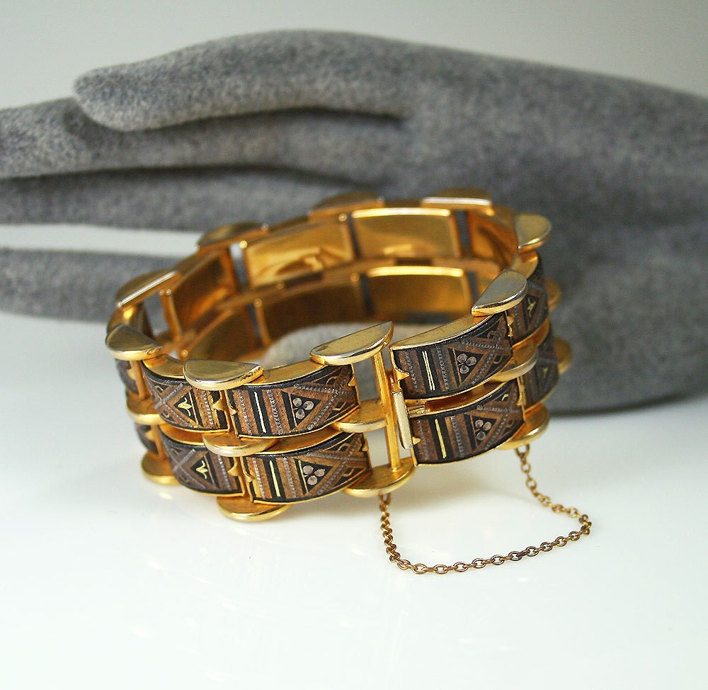 Vintage Bracelet Spanish Damascene Two Row Chunky Jewelry