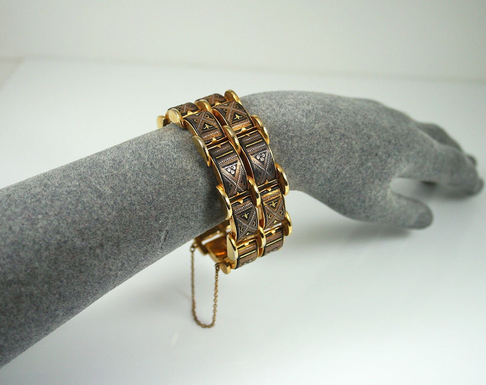 Vintage Bracelet Spanish Damascene Two Row Chunky Jewelry