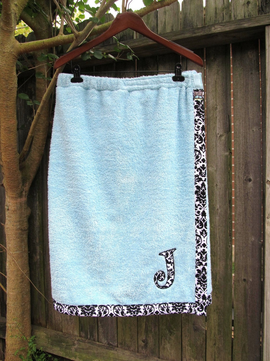 Adult Bath Wrap/Cover Up- Sky Blue with Black and White Demask- Adult and Children's sizes