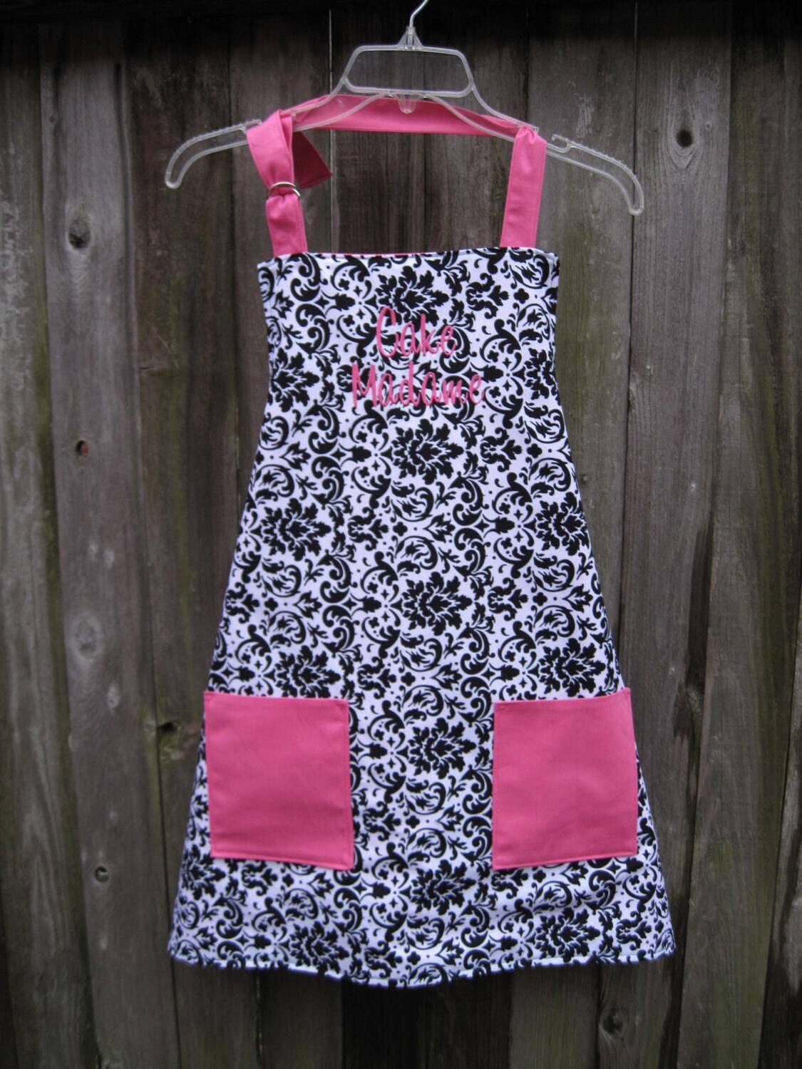 Personalized Adult Apron- Pink and Black Damask Apron- Personalized Embroidered Apron