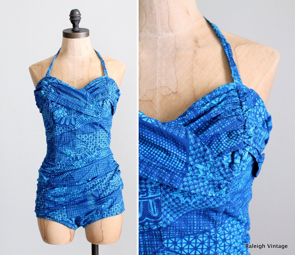 Vintage 1950s Swimsuit : 50s Catalina Tiki Bombshell Halter Bathing Suit