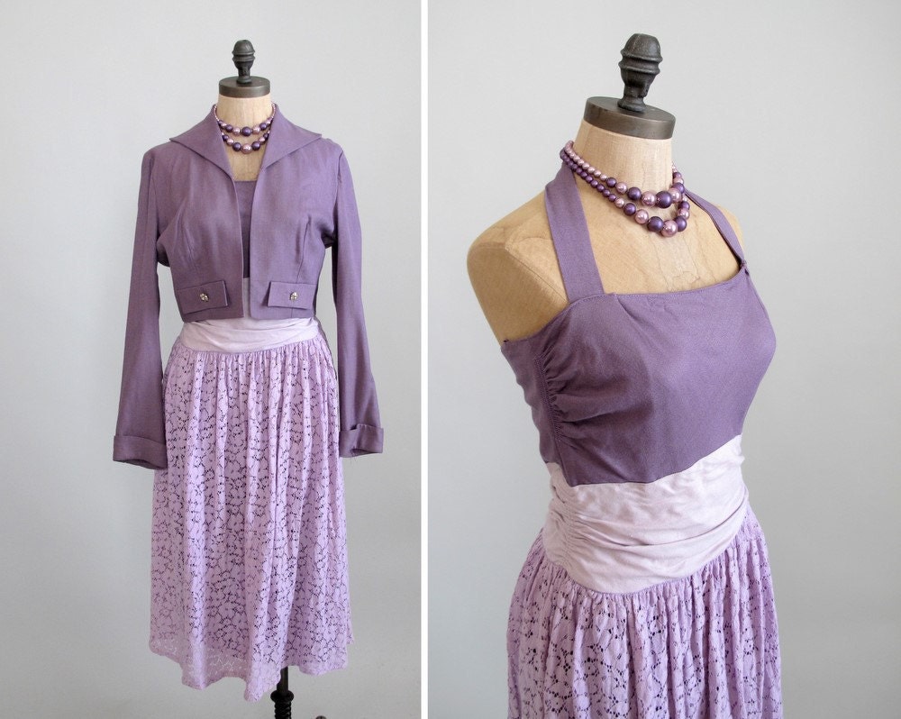 SALE Vintage 1950s Dress : 50s Purple Lace Sundress with Jacket