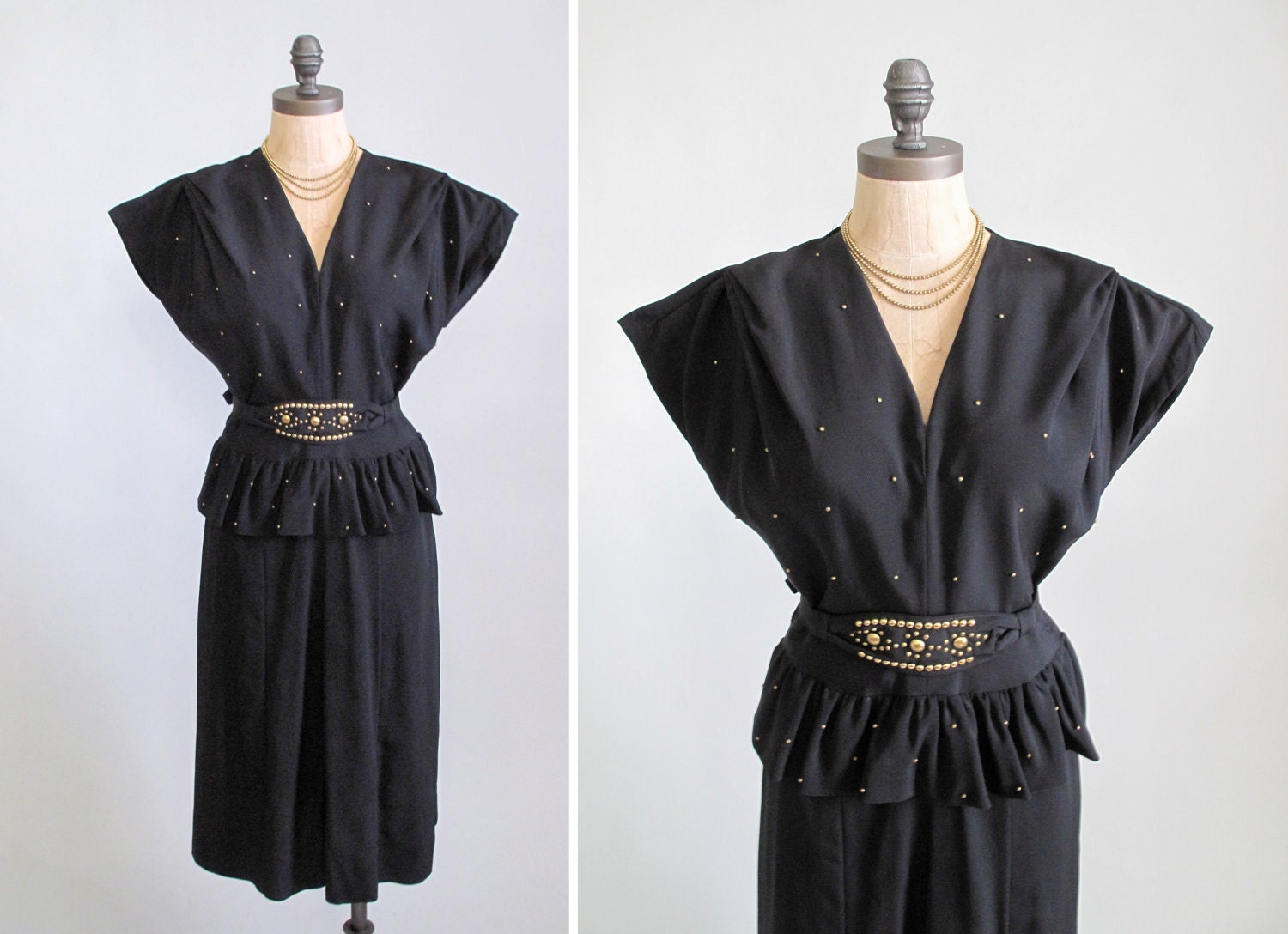 Vintage 1940s Dress : 40s Black Crepe Peplum Dress
