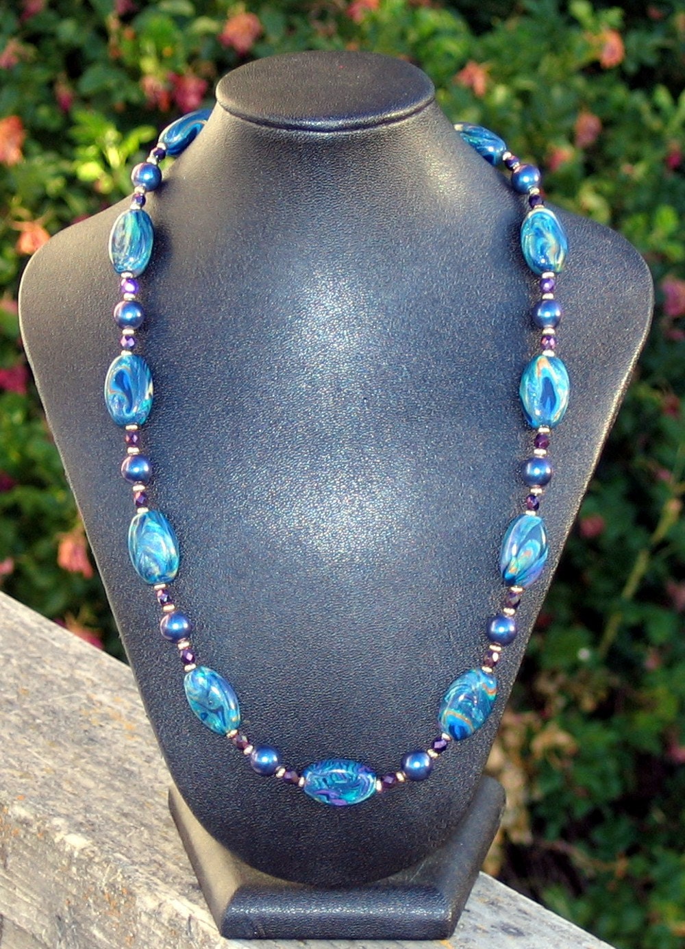 19 inch Necklace - Handmade Polymer Clay Beads -  Peacock Blue, Pearl Green, Purple and Gold