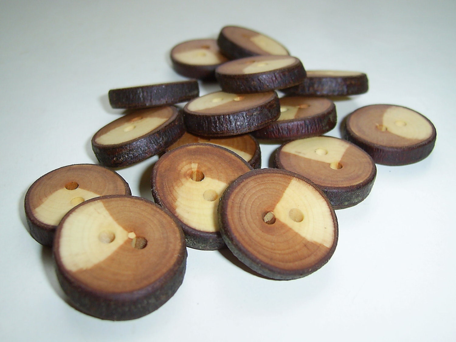 15 Handmade wild cherry wood Tree Branch Buttons with Bark, accessories (0,87" diameter x 0,20" thick)