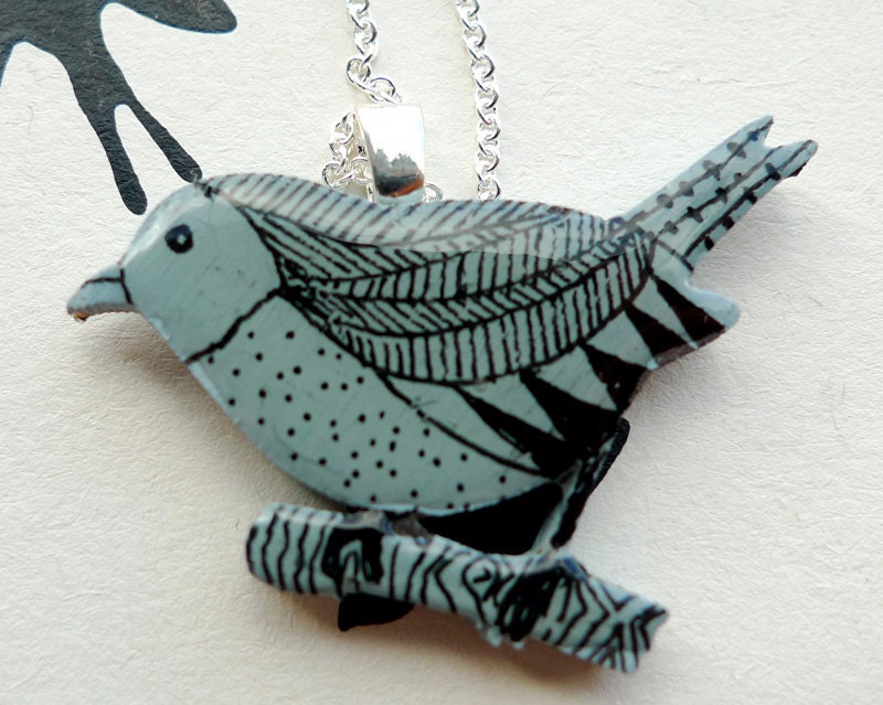 Little  baby Blue Fat Sparrow Hand Illustrated Necklace