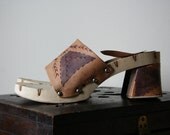 70s Platforms Wooden Burnt Leather Inlay Platforms Sliders Size Us 7-7.5 / Uk 5-5.5 / EU 37-37.5