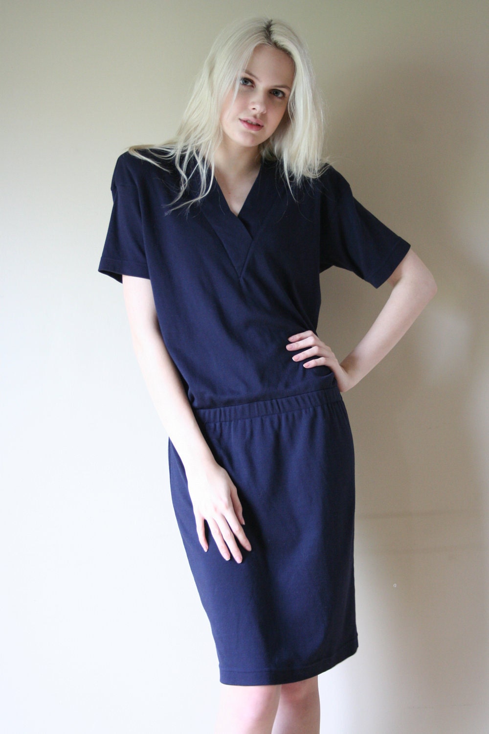 80s Jersey Dress / Drop Waist Dress /  Casual Cotton  / Shoulder Pads Work OR Play Size Small-Medium sm med md (0-2-4-6)