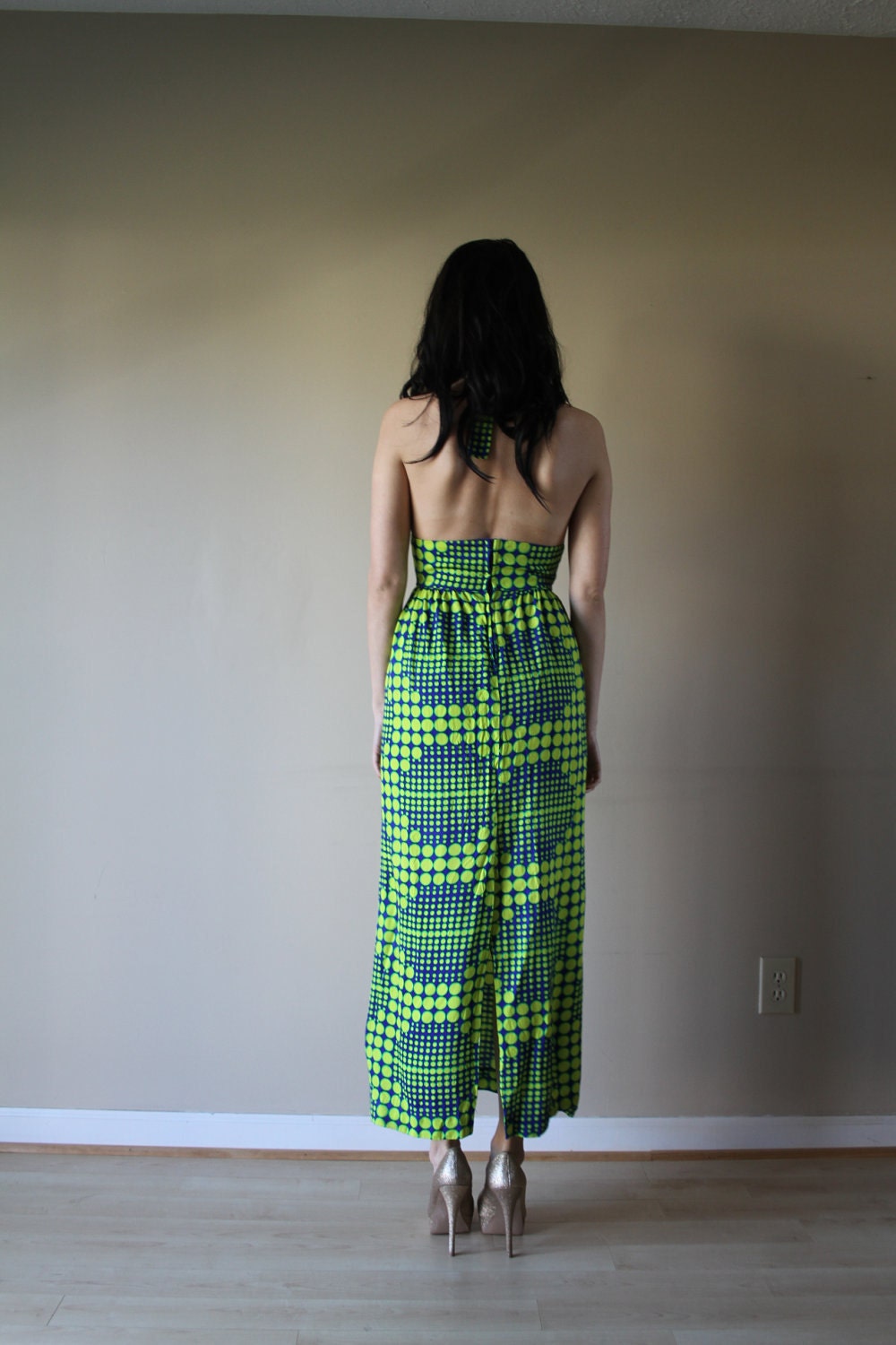 60s 70s Halter Maxi Dress Corset Bust Lace Up Cut Out Open Back Disco Fever Studio 54 Roller Girl Size Small sm (0-2-4)