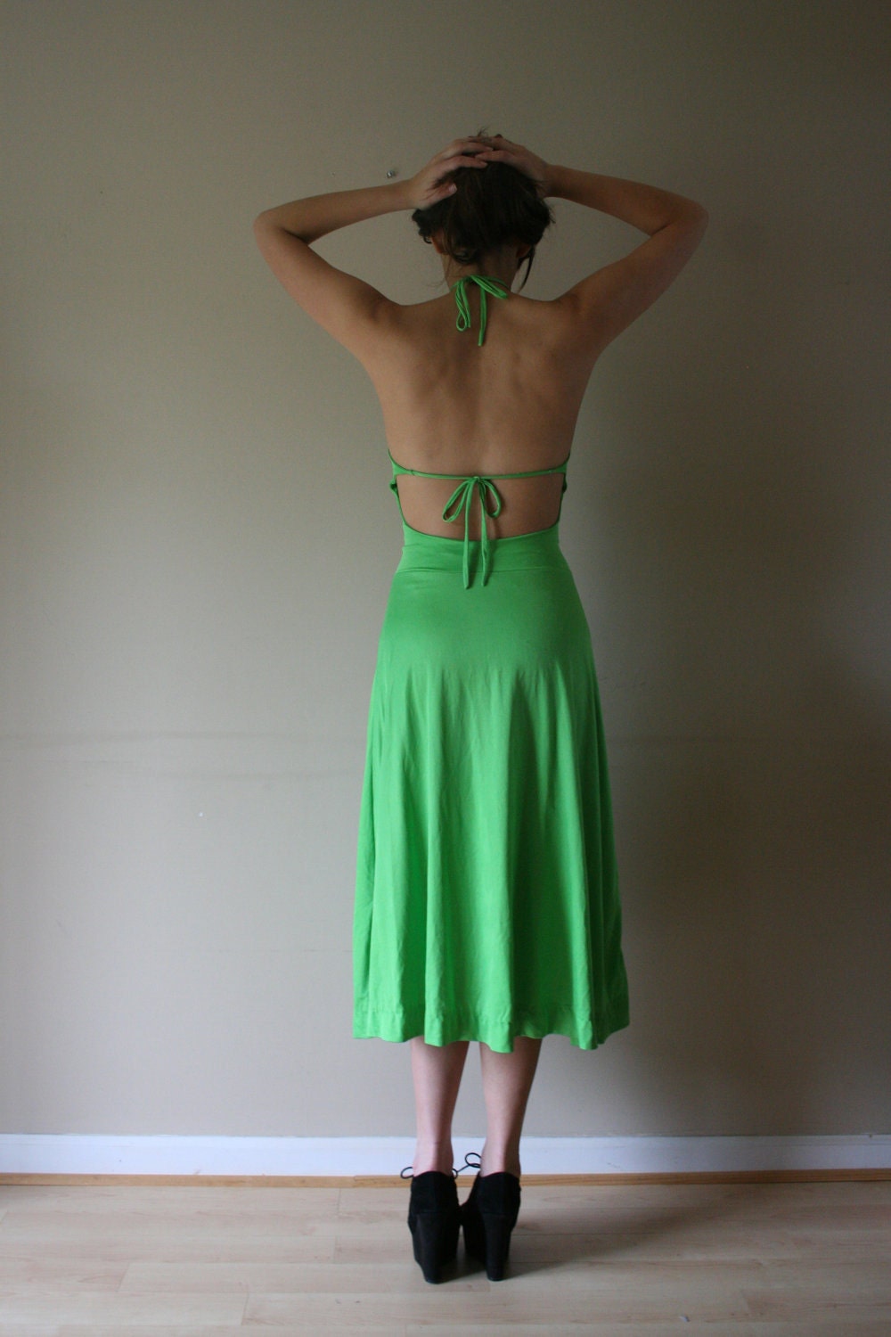 reserved 70s Flower Child Sundress Open Back Sunflower Dress Line Green Black Two Tonen Yellow Size Small-Medium sm med md (0-2-4-6)