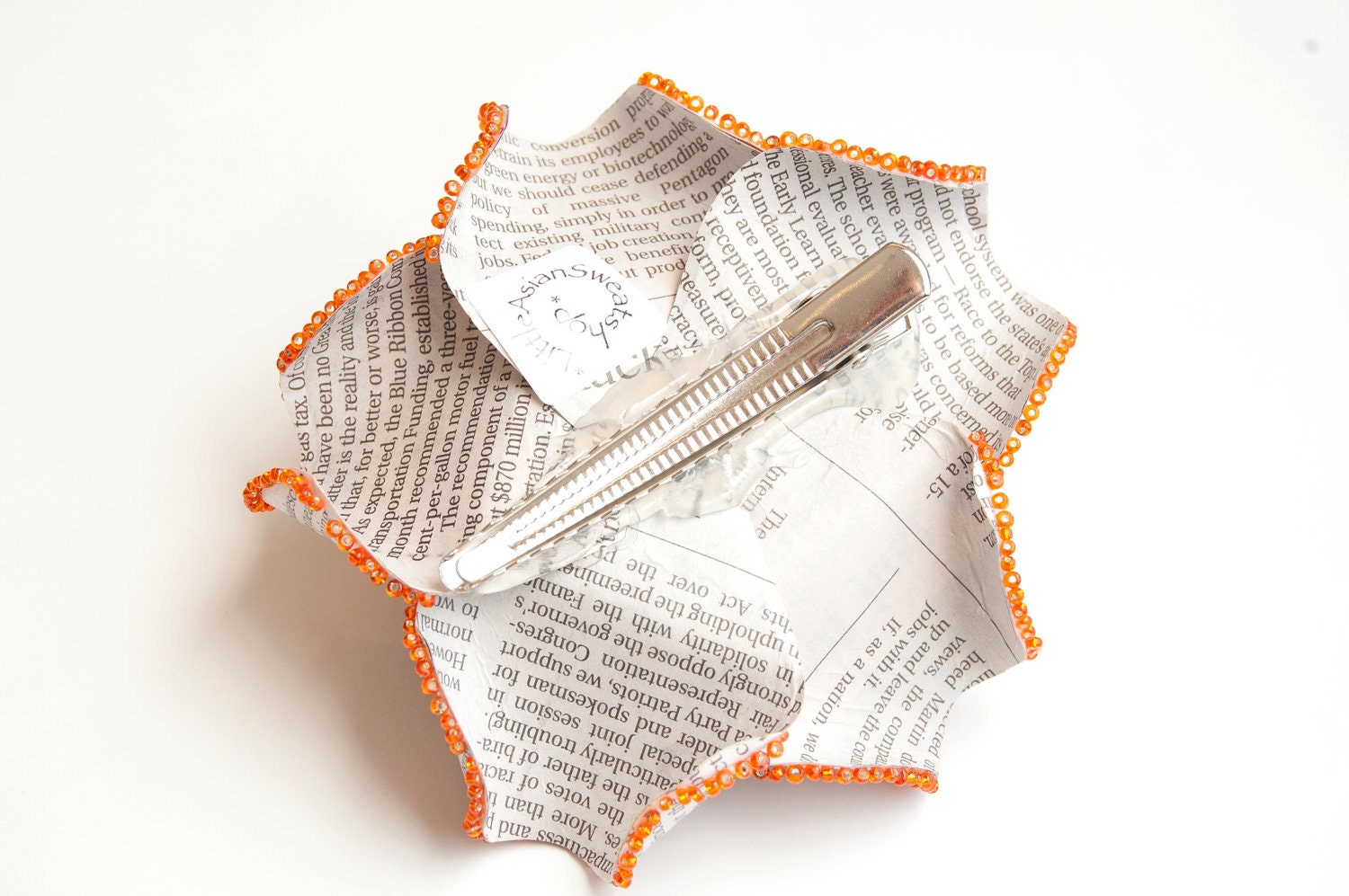 Newspaper and Crab Hair Flower with Glass Bead Fascinator